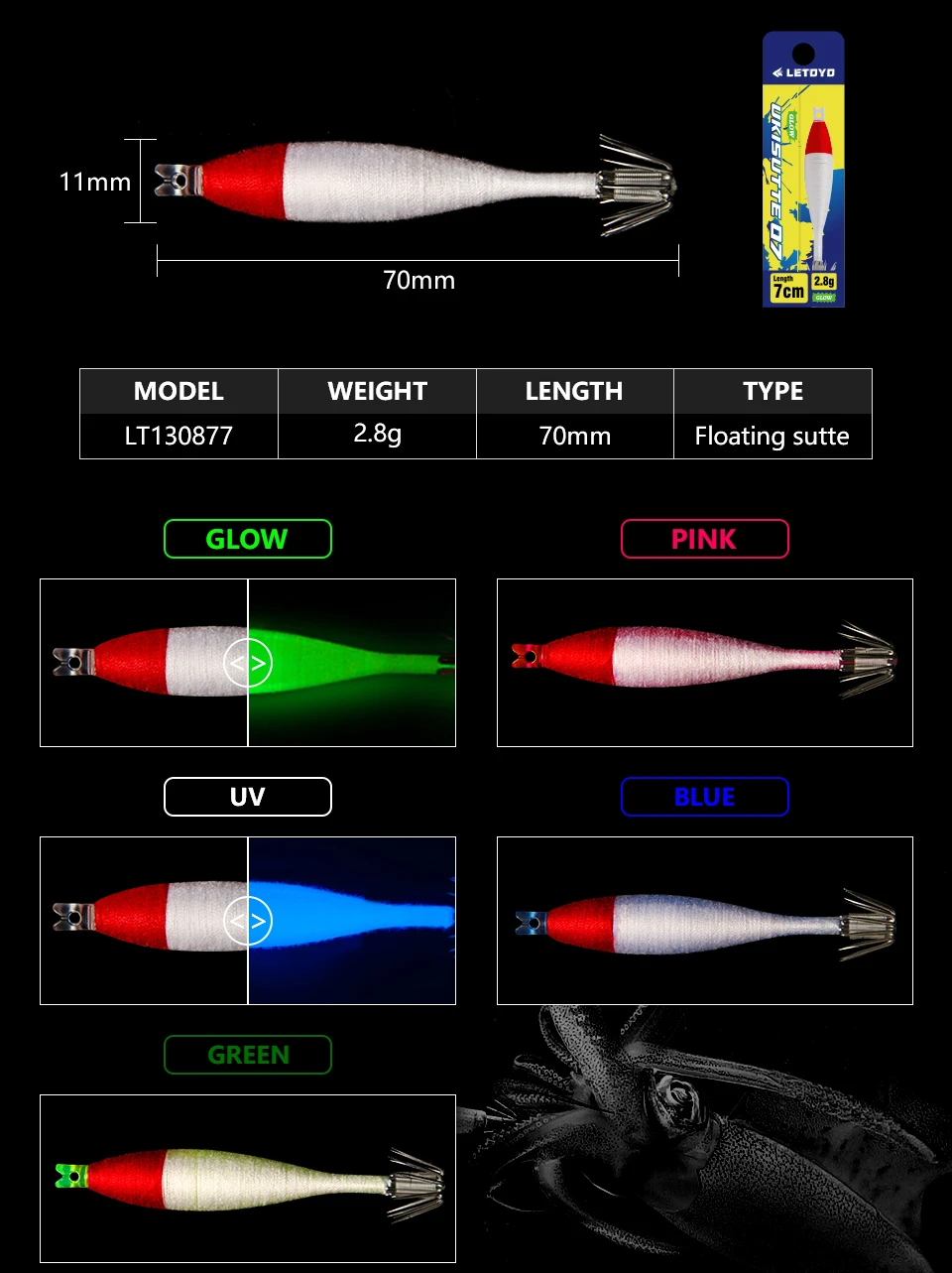 Una imagen de un señuelo de pesca con diferentes colores y una regla