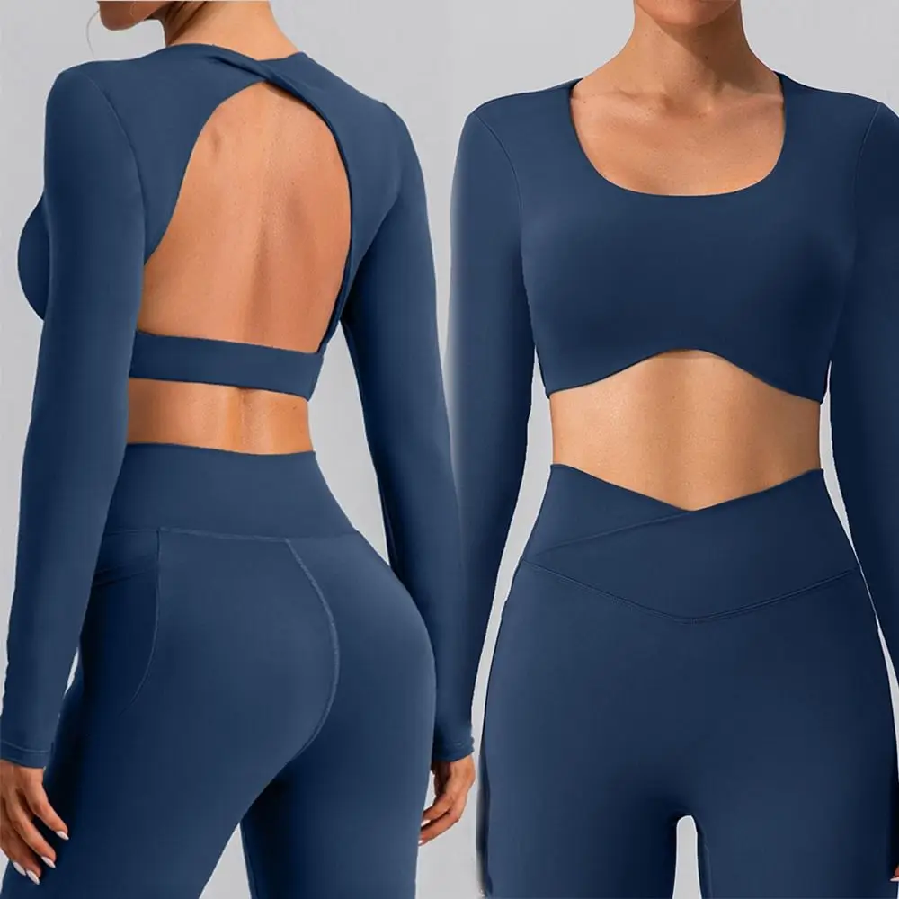Ropa deportiva de Yoga con espalda abierta para mujer, Top de entrenamiento acanalado sin costuras de manga larga, diseño contraído, ropa de gimnasio y Yoga de cintura alta, tren - imagen 2