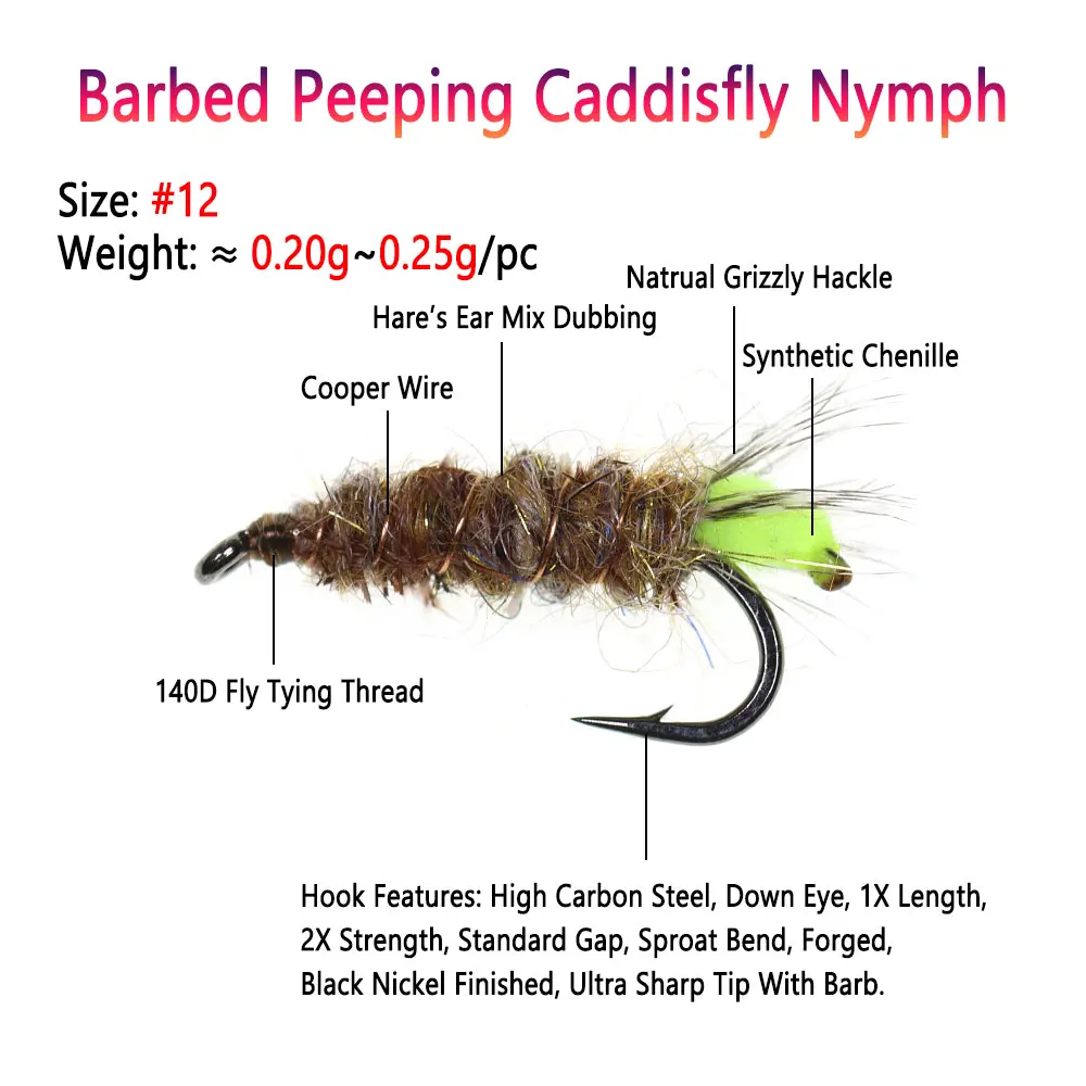 Bimoo 9 piezas # 12 púas Peeping Caddisfly Ninfa oreja de liebre doblado suave Grizzly Hackle mosca húmeda trucha salmón Grayling Señuelos de pesca - imagen 2