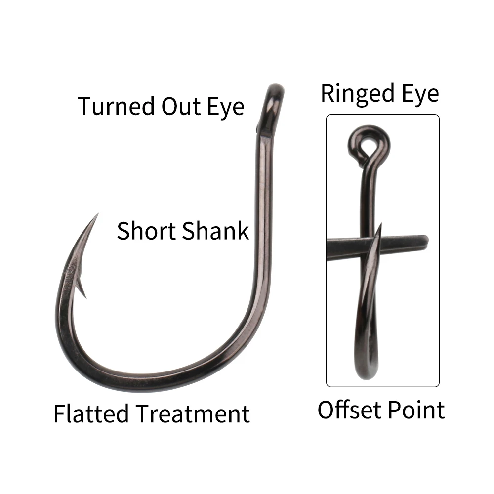 Ellllv 100PCS 11 # -15 # Chinu anzuelo de tubo con mango de anzuelo, vástago corto, punta compensada, anzuelos de pesca de mar, acero al carbono forjado, níquel negro - imagen 3