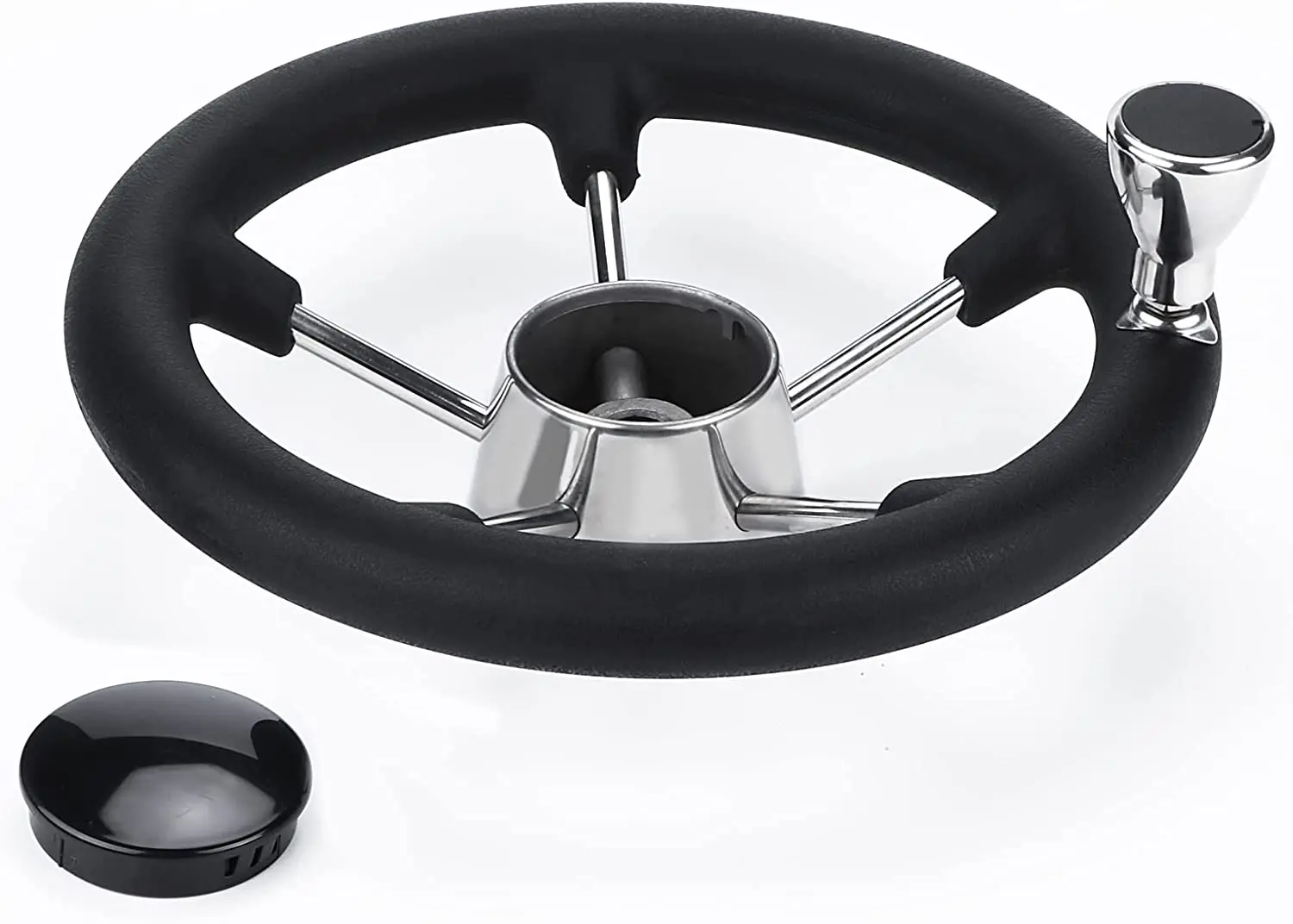 Volant marin en acier inoxydable avec poignée en mousse noire et bouton, destroyer à 5 rayons, accessoires de bateau de yacht, 11 po - imagen 2