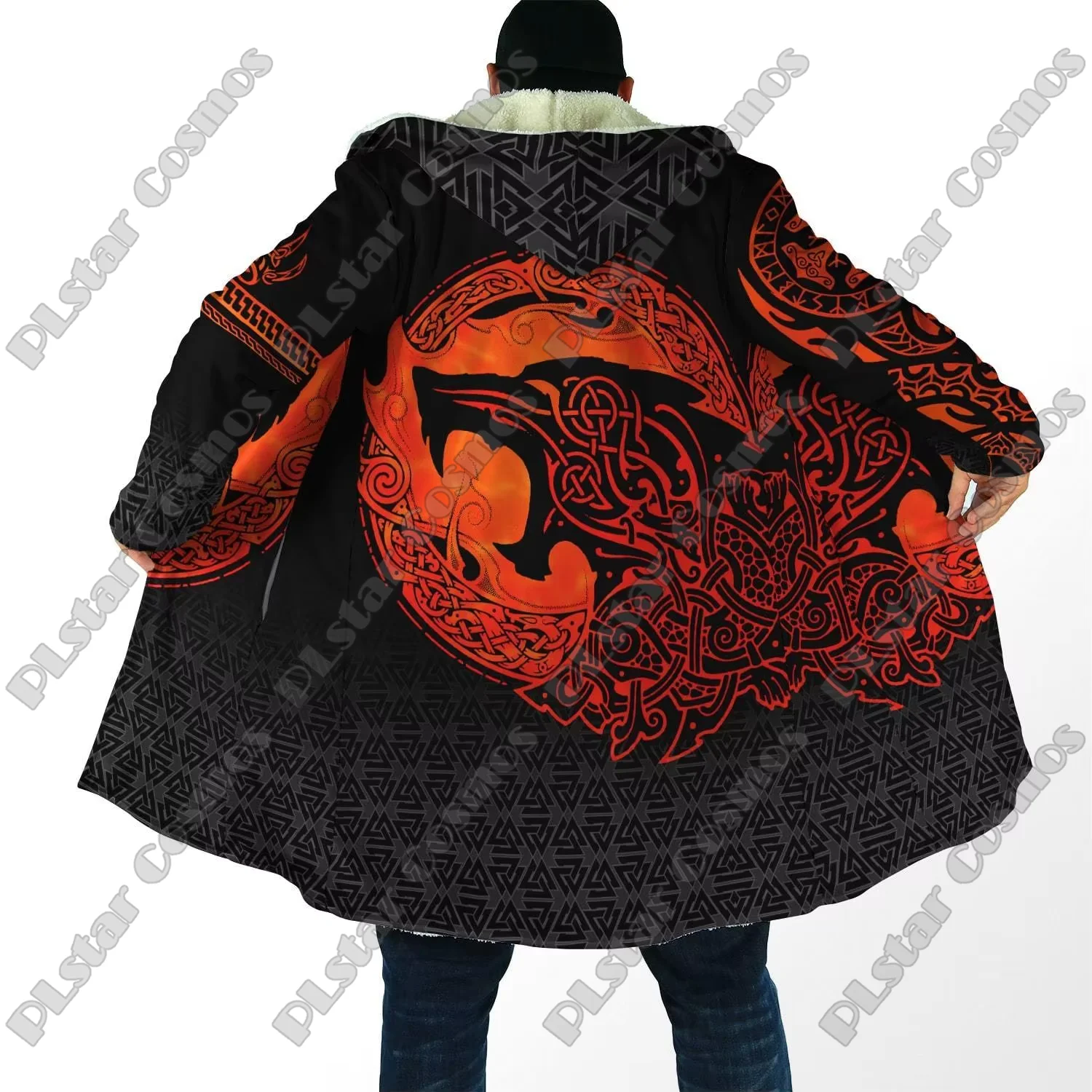 Moda de invierno para hombre capa con capucha Fenrir Lobo tatuaje dragón estampado 3D polar grueso cortavientos Unisex Casual capa con capucha cálida BB03 - imagen 3