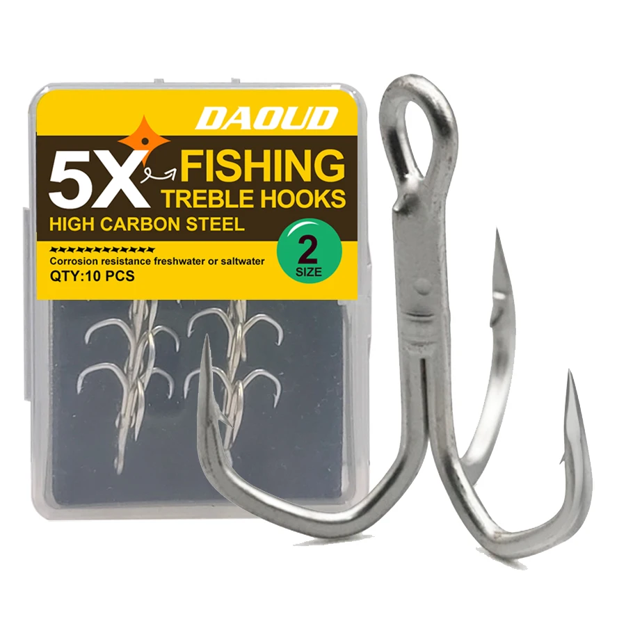 Kit de anzuelos triples de acero rico en carbono, 5X curvatura redonda fuerte y afilada para bagre, trucha, cebos duros, tamaño de señuelos, 10 Uds. # 2 # 4 # 6 # 8 # 10 - imagen 4