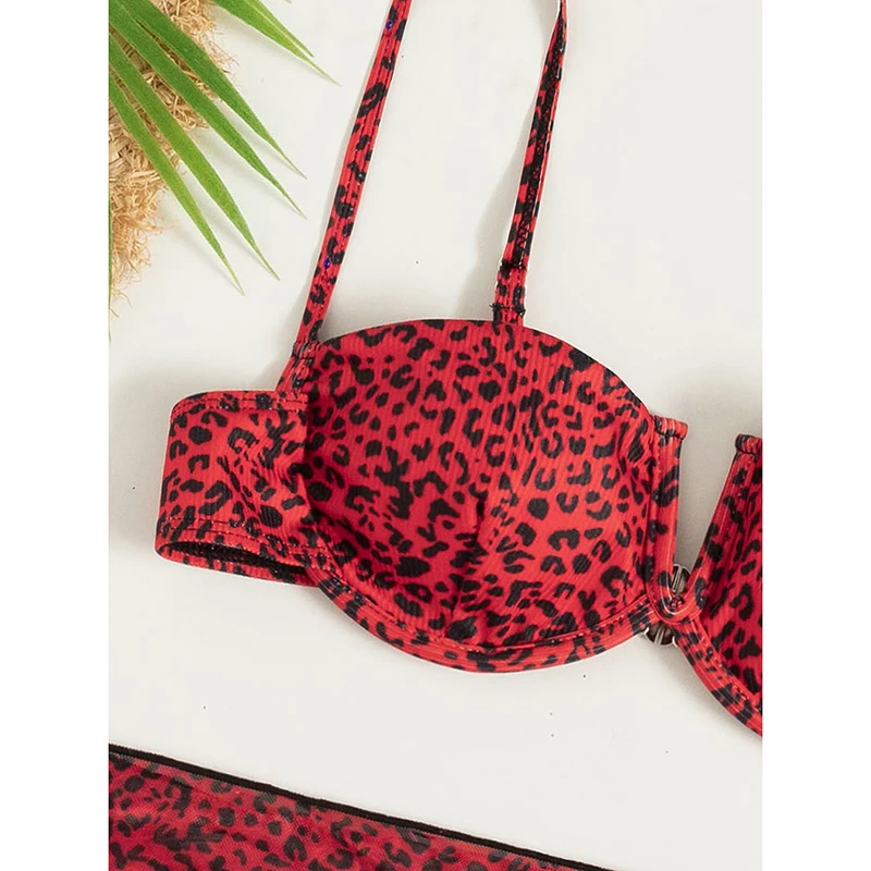 Bikini de alambre de acero en forma de V con Flores rotas para mujer, conjunto de tres piezas, trajes de baño con falda de playa de malla, trajes de baño Sexy de 3 piezas - imagen 4