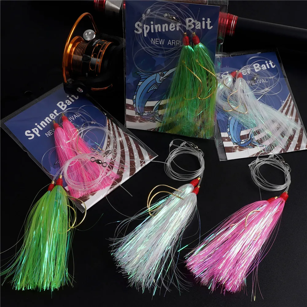 3 paquetes de aparejos Hi-Lo para lubina, MYLAR Bucktail Teaser, anzuelos de espacio ancho atados a mano para cebo Jig, aparejo Pompano, Señuelos de pesca líder - imagen 5
