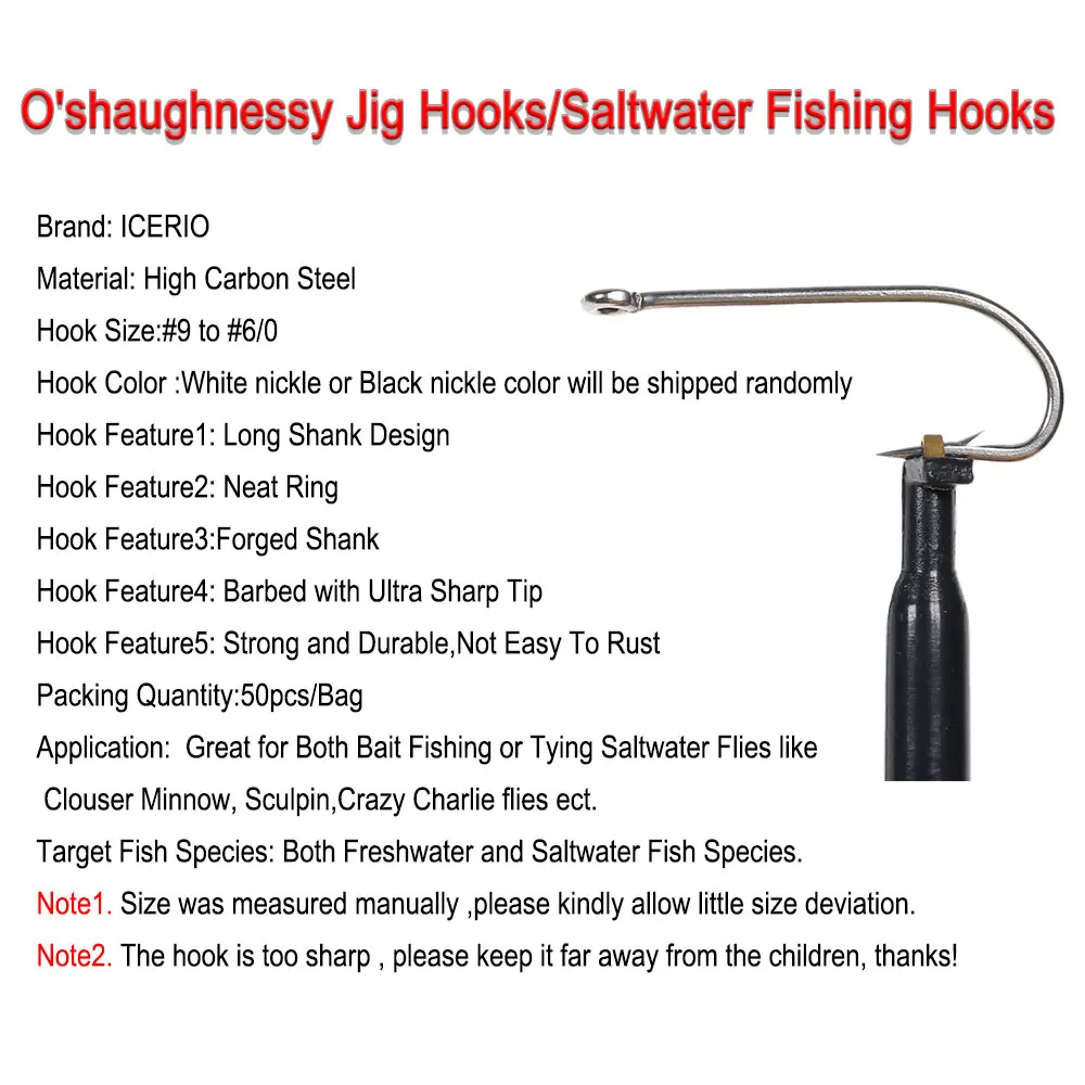 ICERIO 50 Uds. Ganchos de plantilla O'shaughnessy de acero rico en carbono/gancho anillado de Kirby marino Señuelos de pesca de agua salada anzuelos de atado 9 # ~6/0 # - imagen 4