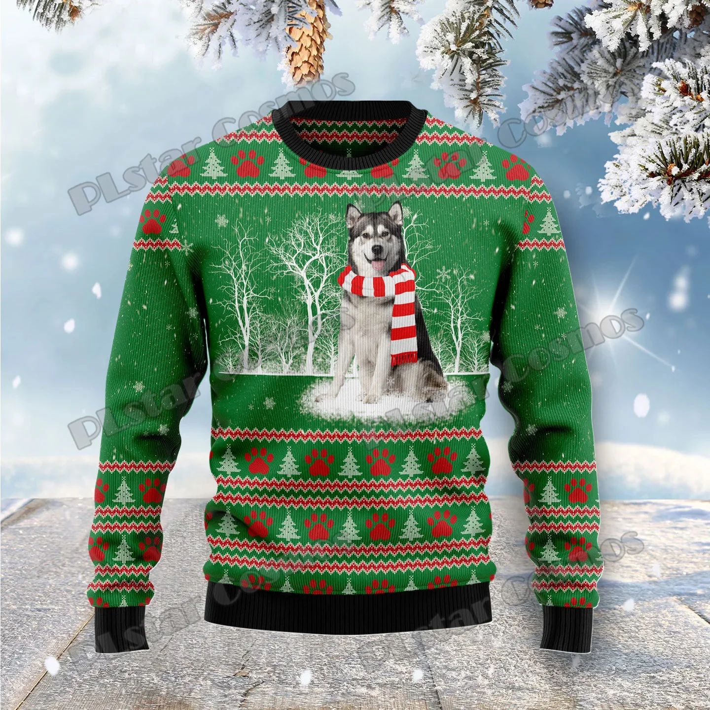 2026 Otoño Invierno Unisex Casual Jersey de punto suéter Alaskan Malamute árbol de invierno 3D impreso hombres feo suéter de Navidad MM04