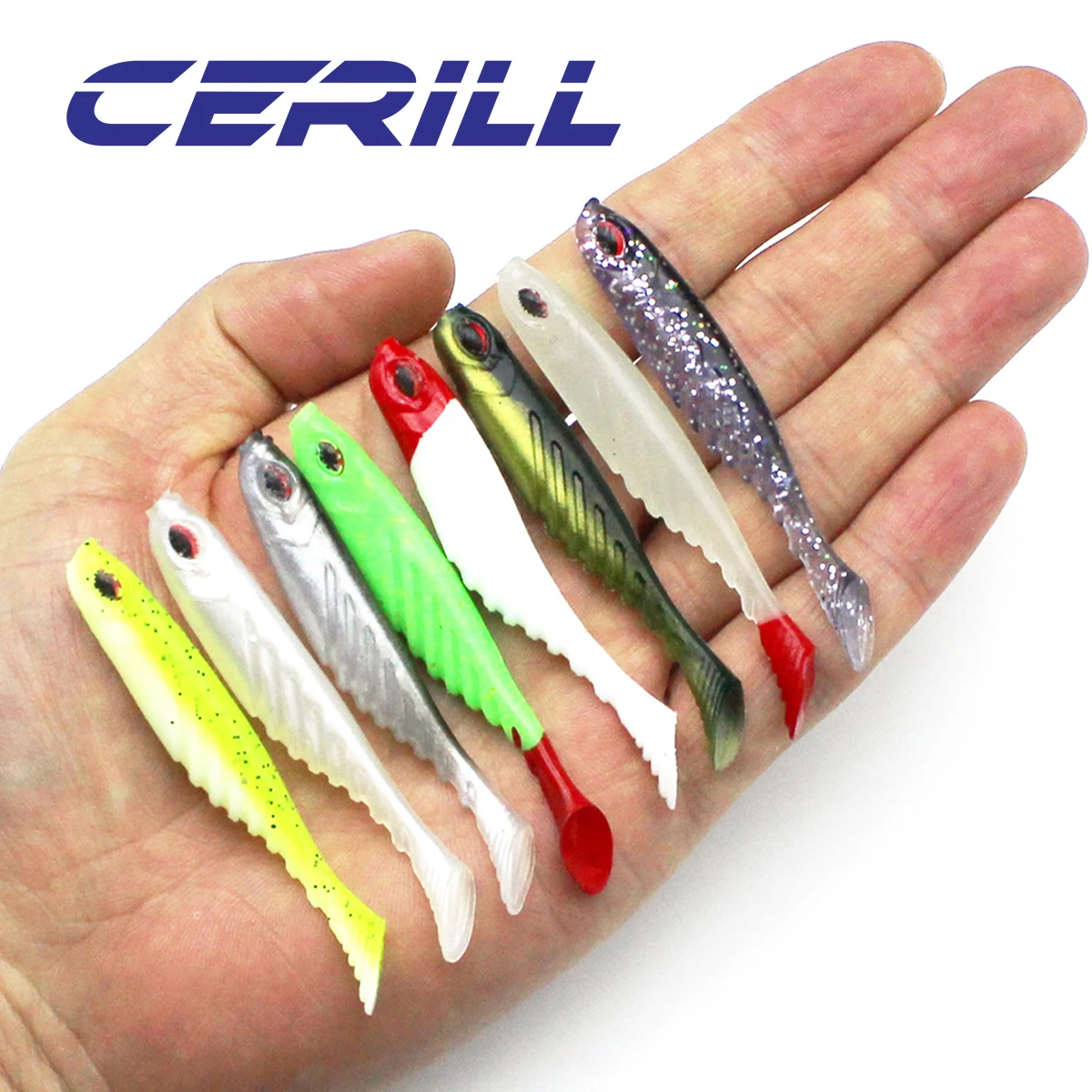 Cerill 10 Uds 7cm Swimbait de silicona Artificial realista cebo suave señuelo de pesca luminoso lubina trucha T-tail Wobblers lubina carpa - imagen 3