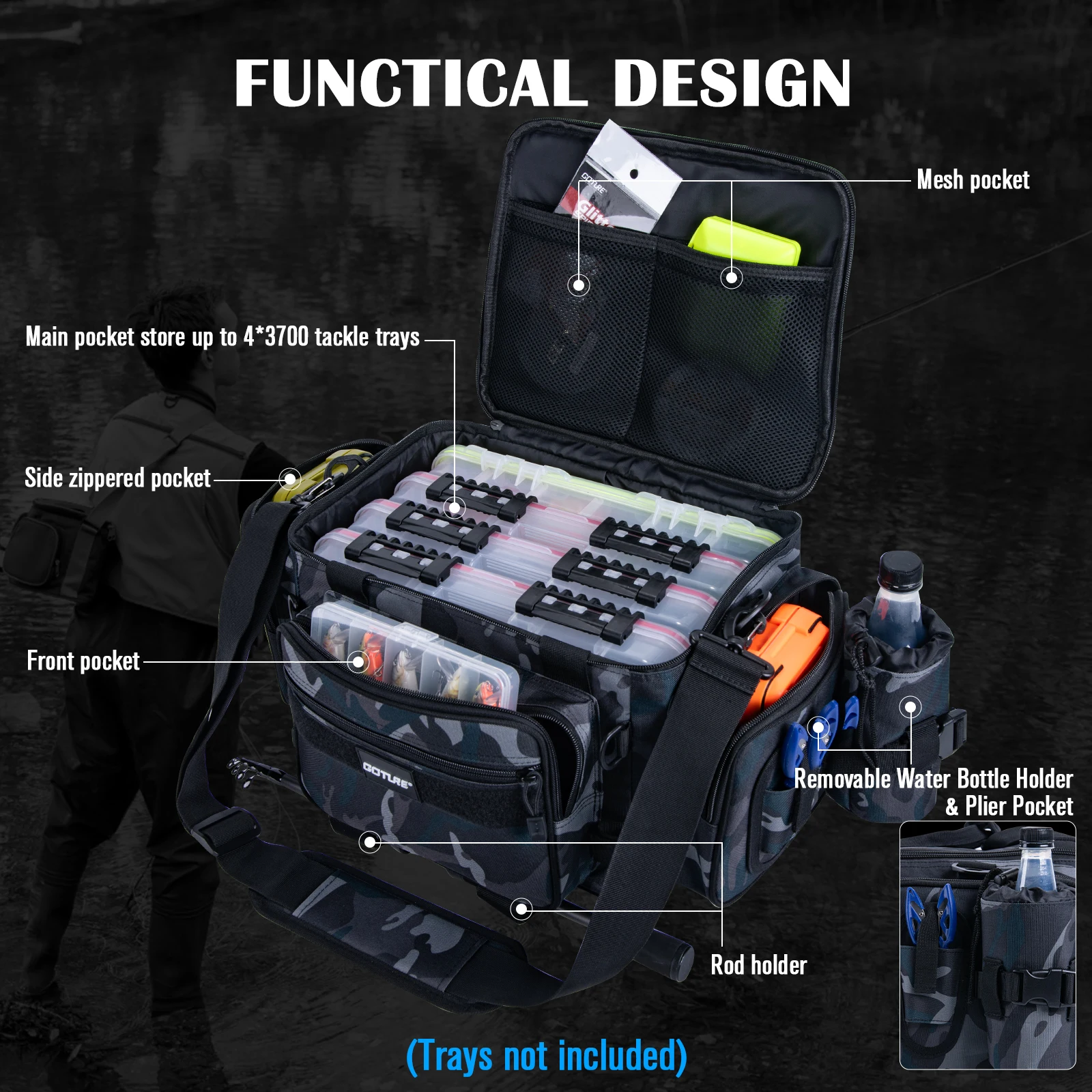 Bolsa de aparejos de pesca de calidad Goture 45*30*24cm 600D Oxford caja de señuelos bolsa de almacenamiento de equipo de pesca paquete para hombres mochila de pesca con mosca - imagen 3