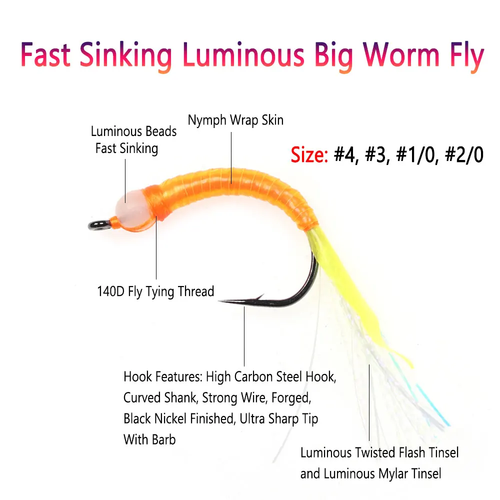 Bimoo-SEÑUELOS luminosos para pesca en agua salada, cebos de gusano grande, serpentina, lubina, Lucio, Steelhead, hundimiento rápido, 8 unidades, #4 ~ #2/0 - imagen 2