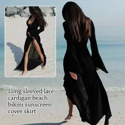 Vestido de playa, cuello en V, manga larga y volantes