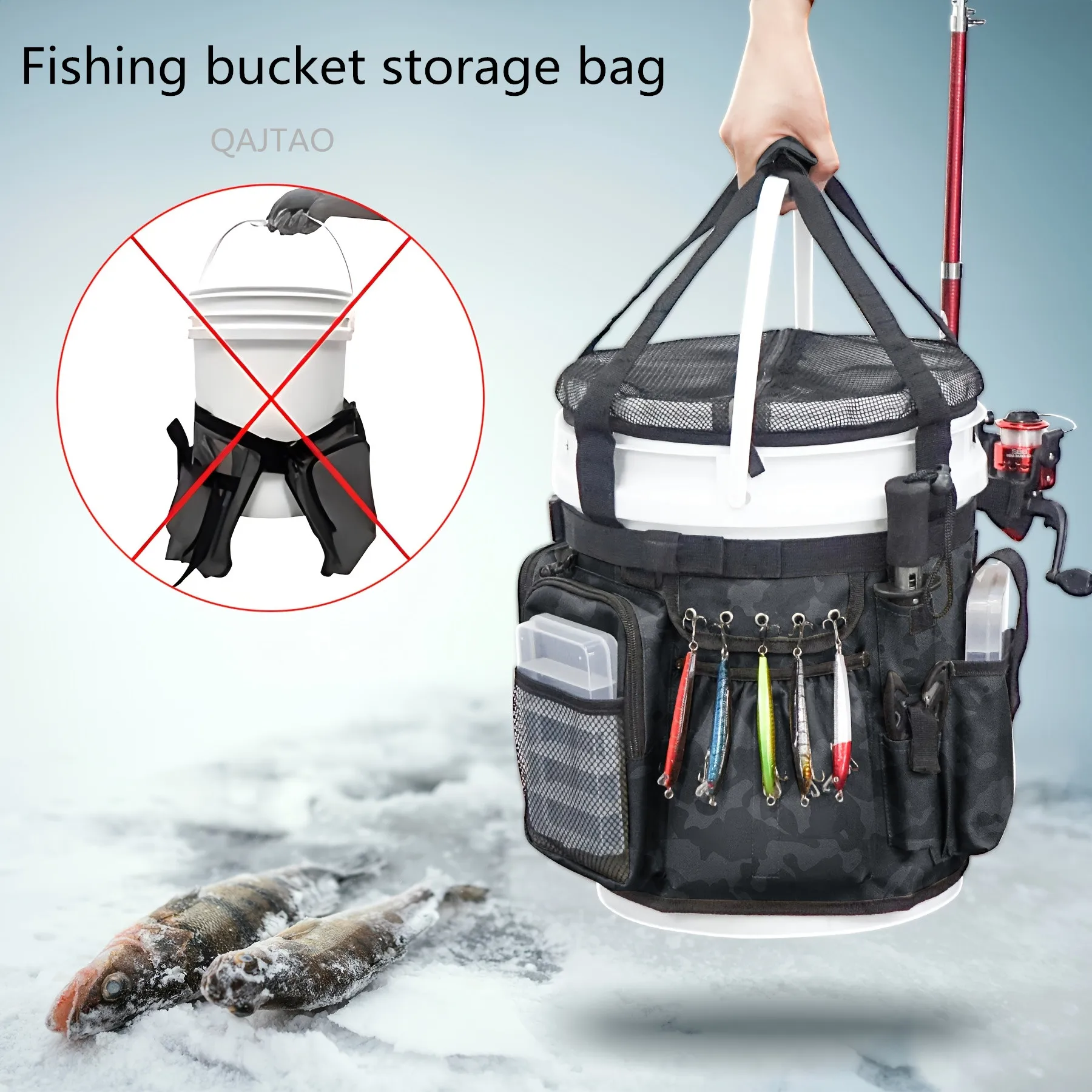 Bolsa de almacenamiento de cubo de pesca multifuncional, estante para caña de pescar, accesorios de equipo de pesca de múltiples bolsillos, suministros de soporte - imagen 2