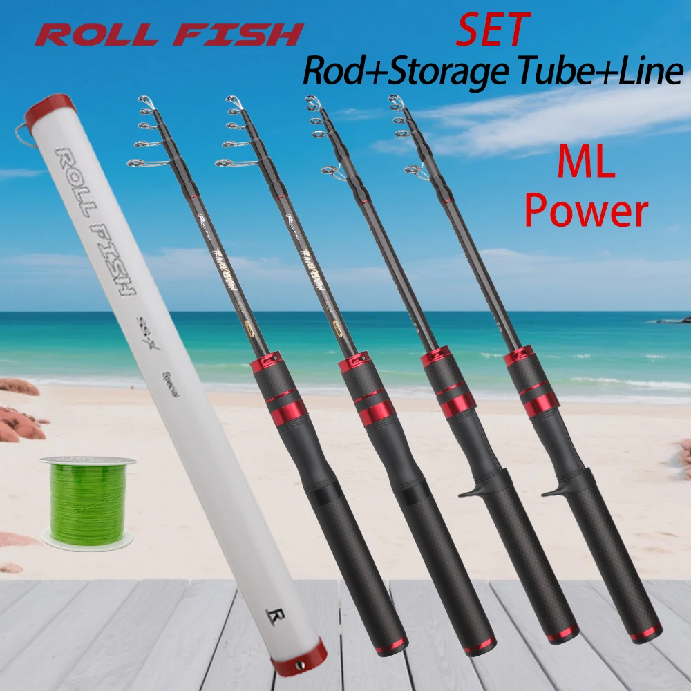 ROLLFISH-caña de pescar telescópica portátil de fibra de carbono para viaje, señuelo giratorio, con carrete de sonido, asiento de acción ML + línea de 100M