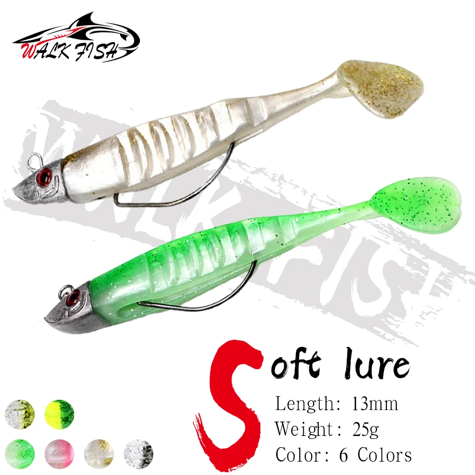 WALK FISH-cebo suave con cabeza de Jigging, 13cm, 26g, cola en T multicolor, cabeza de plomo en forma de pez, anzuelo de manivela, señuelo biónico, pargo