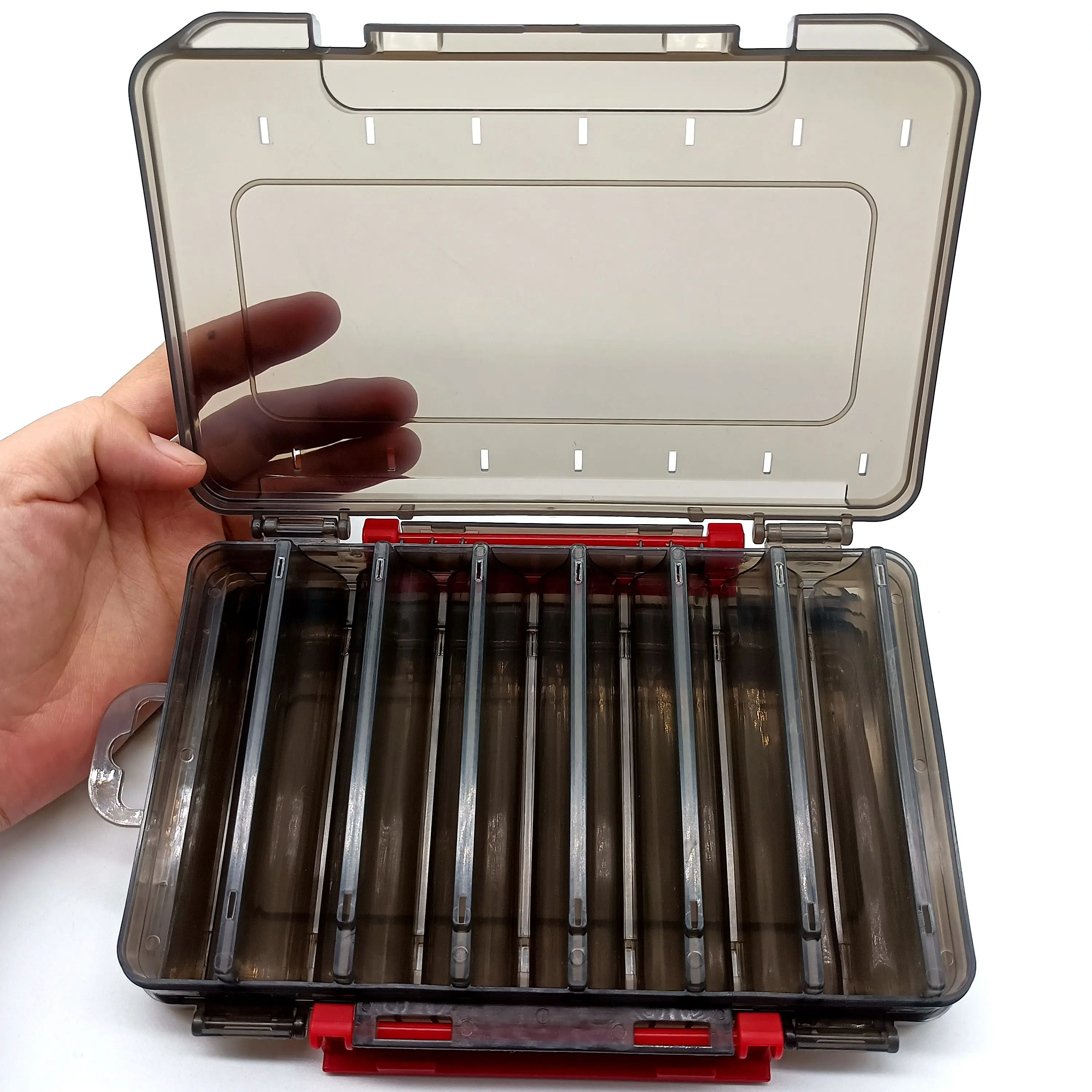 DUODUOYU-cajas de aparejos de pesca de doble cara, 1 unidad, 14 compartimentos, caja de almacenamiento portátil de aparejos de pesca de rejilla múltiple - imagen 3