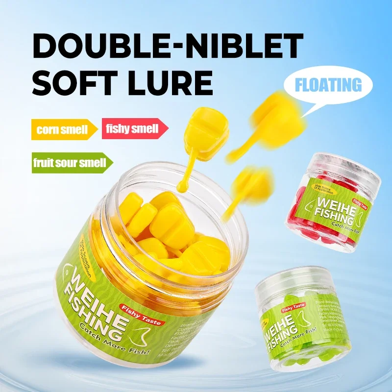 25 uds doble maíz TPE Material Luya flotante tipo agua cebo suave multisabor