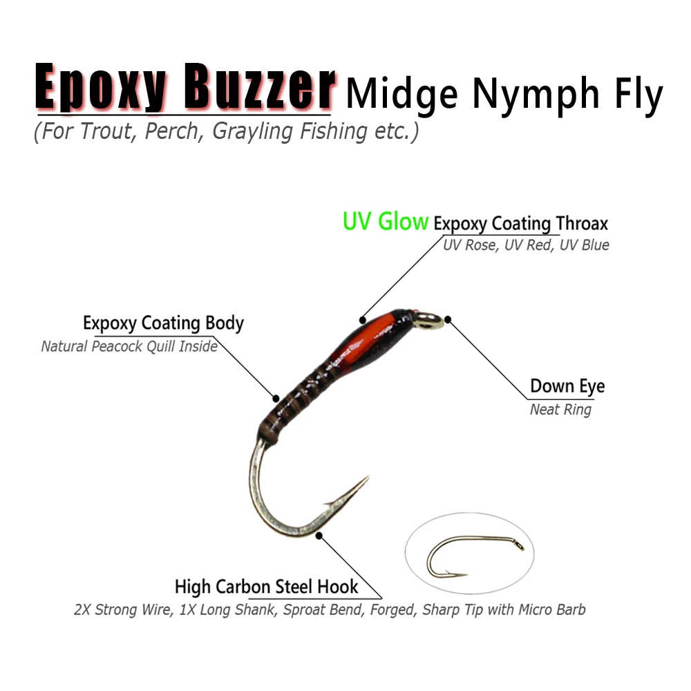 Wifreo 6 uds UV brillo epoxi zumbador midge Ninfa mosca fluorescente pavo real Quill Ninfa trucha perca Grayling Señuelos de Pesca cebo # 10~ # 16 - imagen 2