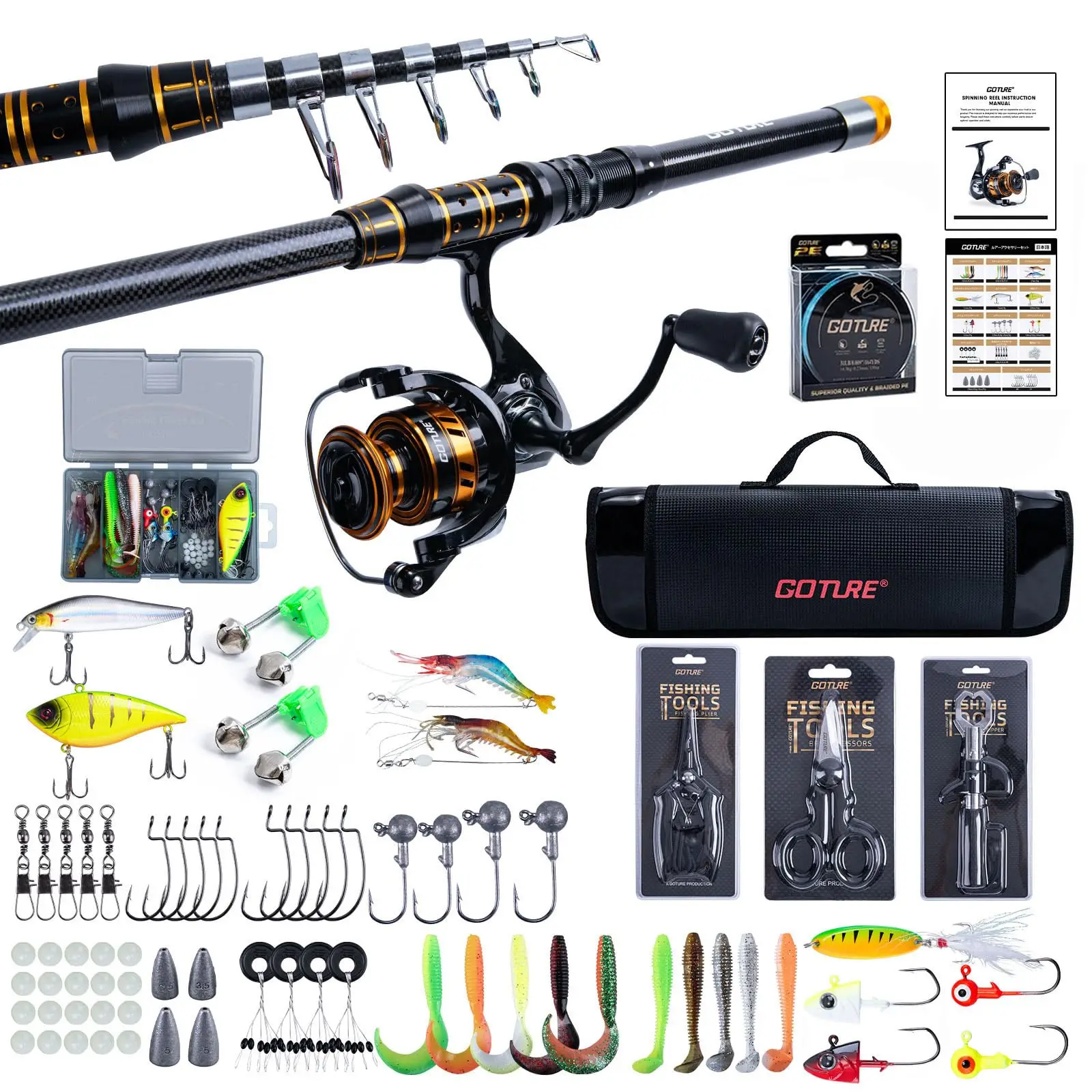 Combo Goture Caña Telescópica + Carrete Spinning 2,7m con bolsa