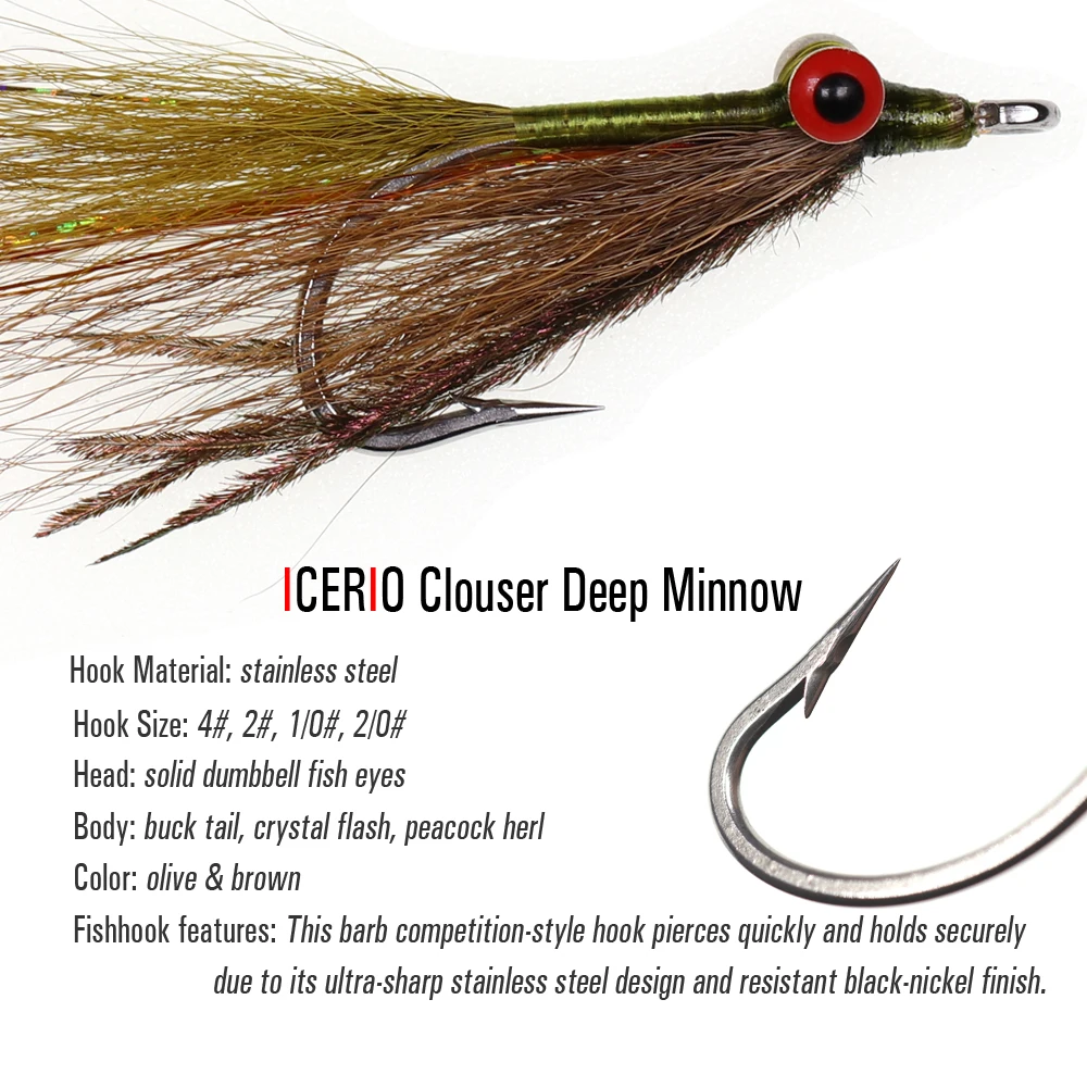 El Clouser Deep Minnow de Icerio es un señuelo de pesca versátil con un gancho duradero de acero inoxidable y un vibrante esquema de color de oliva y marrón diseñado para un enganche rápido y agudas seguras en varias condiciones de agua