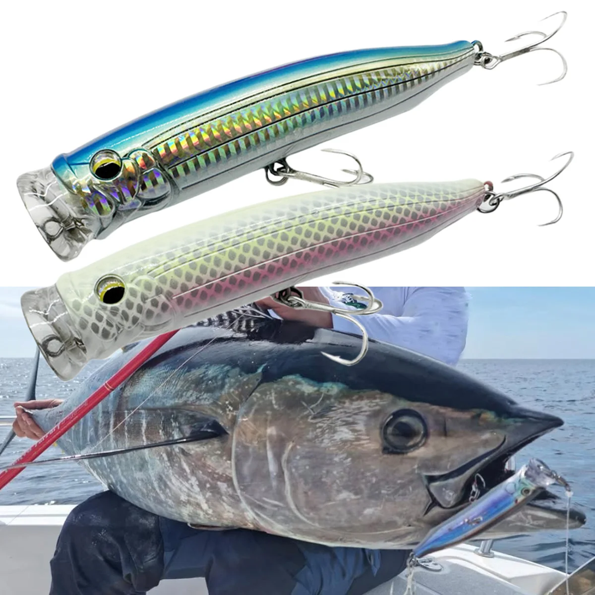 Feed Big Popper 58g 15cm atún flotante Wobbler Señuelos de pesca Topwater Trolling plástico Artificial cebo duro aparejos de pesca