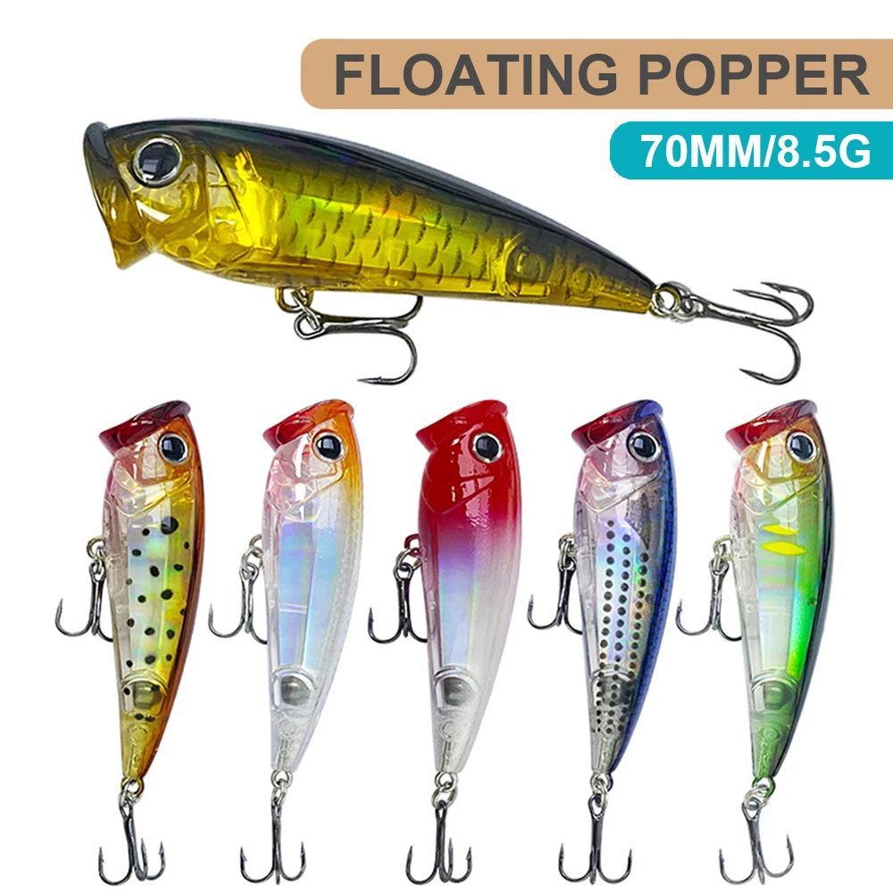 Señuelos de pesca flotantes Popper Wobbler Topwater, cebo duro Artificial Jerkbait, accesorios de pesca de agua de mar, lubina PP128, 7cm, 8,5g - imagen 3