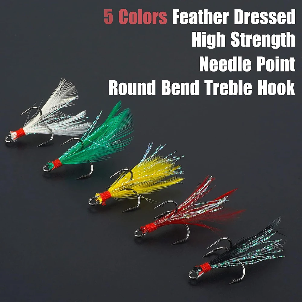 Anzuelos triples de pesca, cebos con pluma, línea de flash, atado de moscas, aparejos de pesca de trucha y lubina, 50 unids/lote por caja - imagen 5