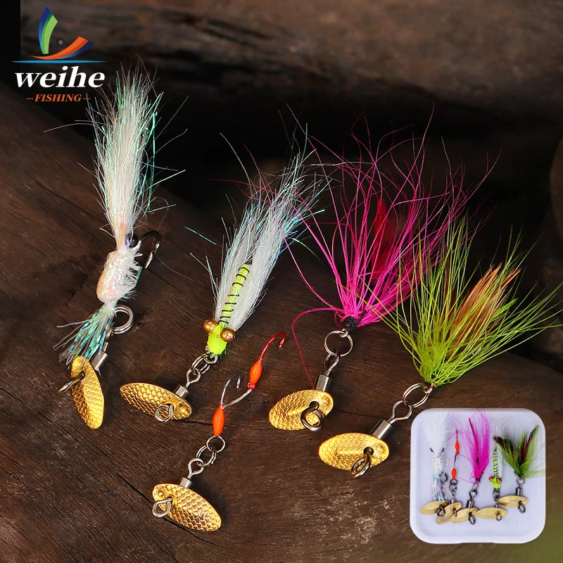 WEIHE 5 uds cebo de pesca con mosca kit de señuelo anzuelo de pesca con mosca combo anzuelos con mosca realistas con pluma y cuchara de metal pesca - imagen 2