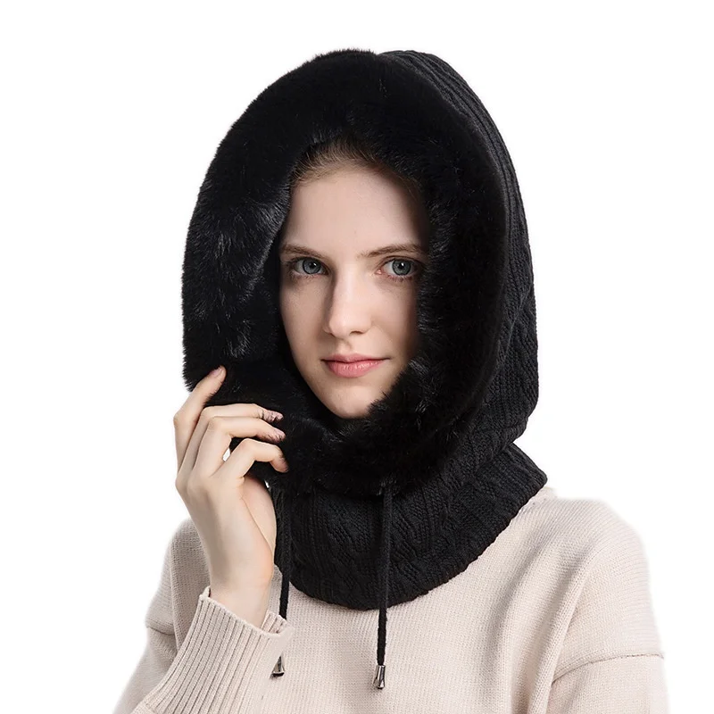 Gorro de piel para invierno, conjunto de máscara con capucha para mujer, cuello de Cachemira tejido, cálido, Rusia, esquí al aire libre, gorro a prueba de viento, gorros gruesos y esponjosos de felpa - imagen 3