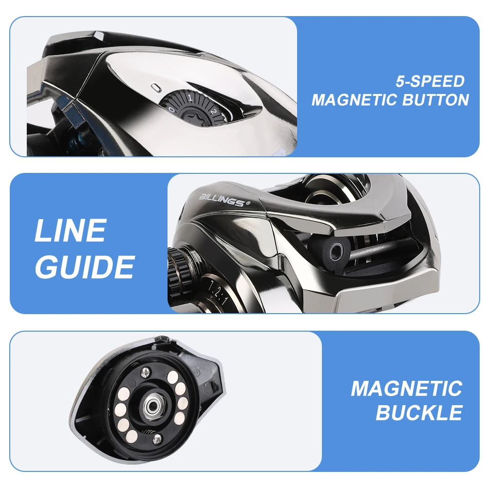 BILLINGS AT Series, relación de engranaje 7,2:1, rodamiento de bolas 5 + 1, arrastre máximo de 18 libras, carrete de Baitcasting, para agua dulce y salada - imagen 5