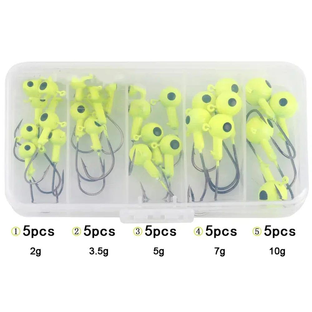 Anzuelos de pesca con cabeza de Metal, accesorios de cebo de gusanos blandos, 2g, 3,5g, 5g, 7g, 10g, 25 unids/lote por caja - imagen 4