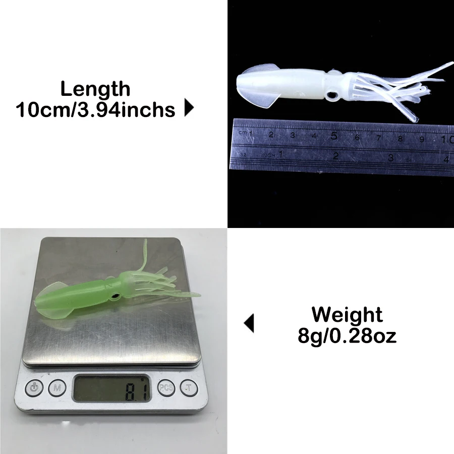 9 Uds señuelos de calamar 3,94 pulgadas 0,28 oz para pesca de lubina cebo de calamar de agua dulce que brilla en la oscuridad señuelos de calamar suaves para salmón - imagen 2