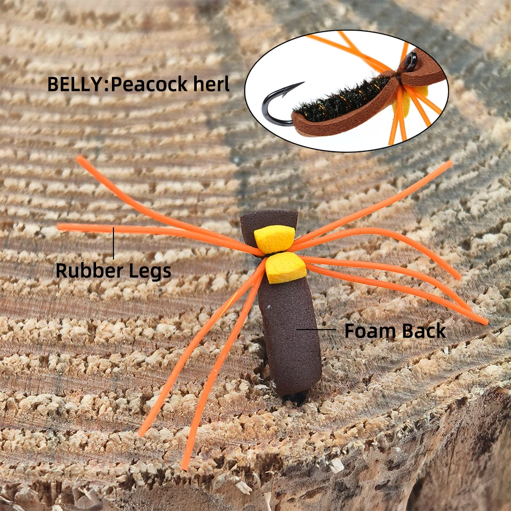 6 piezas # Señuelo de pesca con mosca con indicador de escarabajo de espuma, 10 anzuelos, moscas secas terrestres negras y naranjas para pesca de trucha, pez amarillo, lubina y carpa - imagen 3