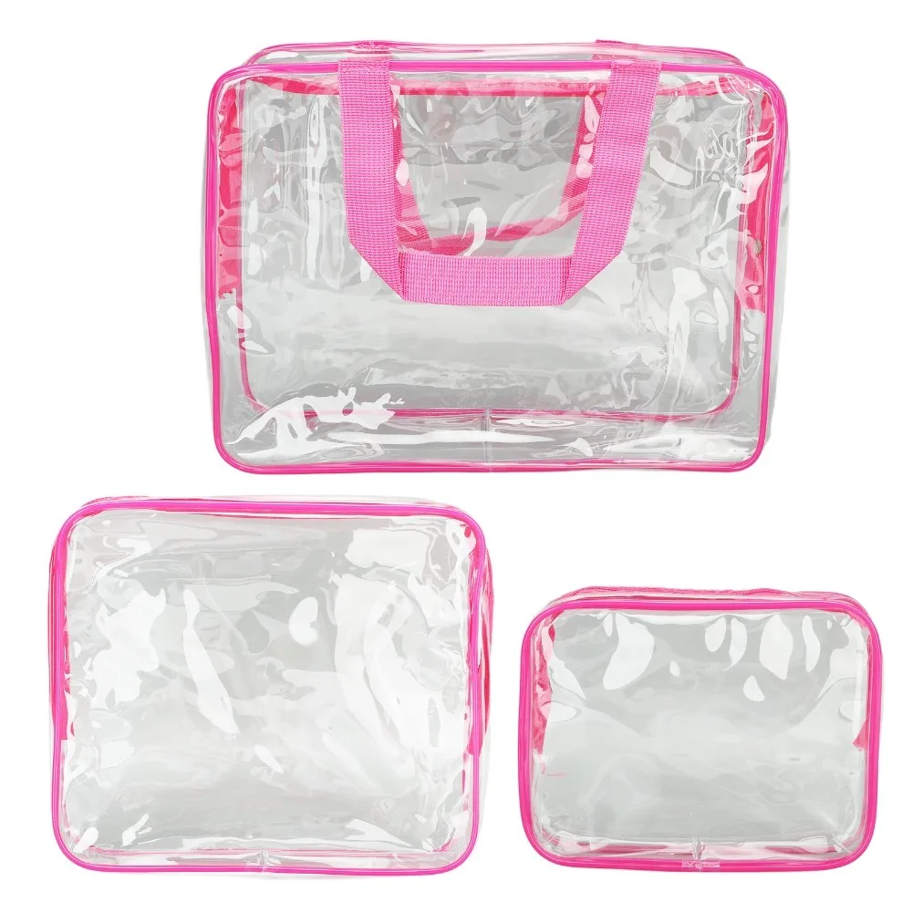 3 unids/set bolsas de viaje transparentes de PVC correas de manija de cierre de cremallera bolsas de cosméticos transparentes bolsa de aseo de viaje impermeable uso de viaje
