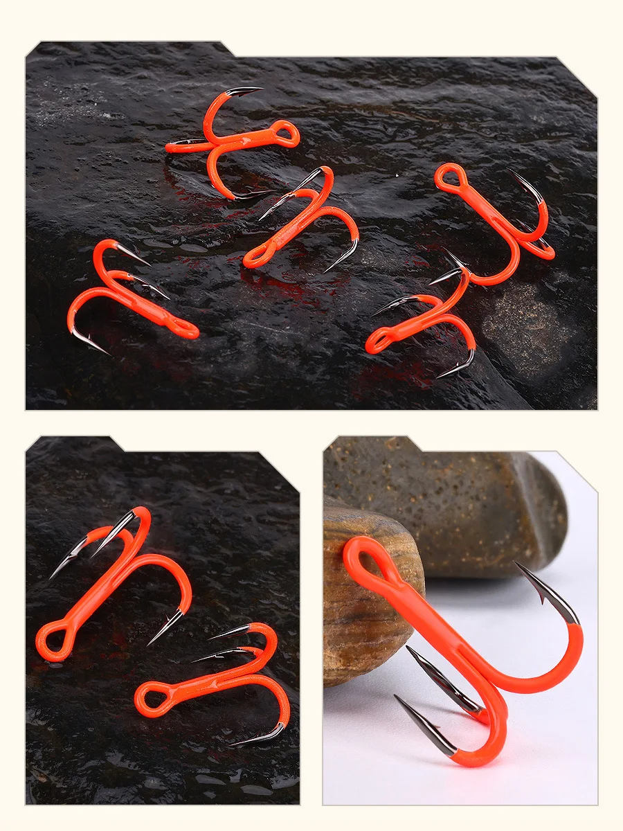10 piezas de anzuelo triple de pesca, pintura UV naranja, anzuelos de acero rico en carbono con púa, lote en oferta - imagen 2