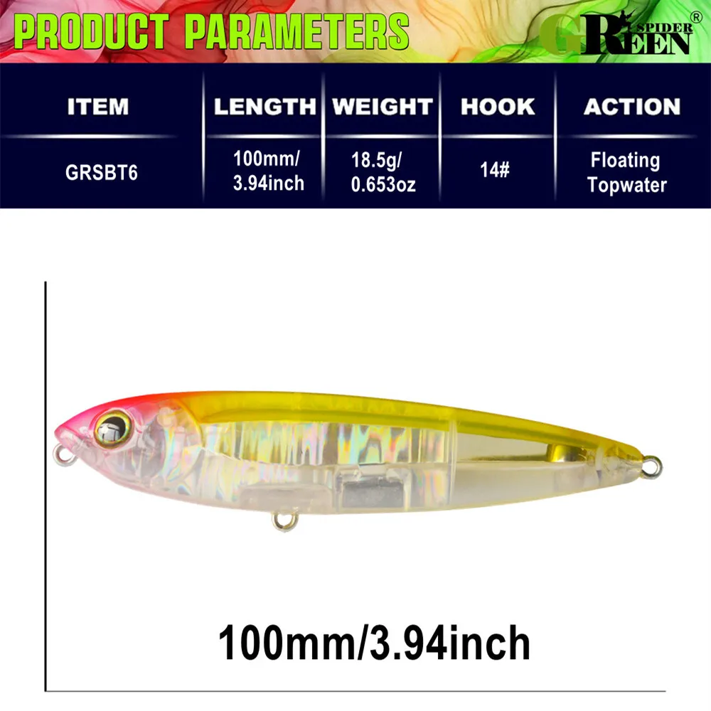 GREENSPIDER-señuelo de pesca con lápiz Topwater, cebo flotante de superficie de 100mm y 18,5g, señuelos de agua superiores para alimentador de Lucio y lubina - imagen 4