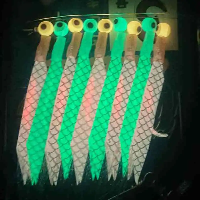 6/9 anzuelos Sabiki Rigs Señuelos de pesca de agua salada aparejos de cebo piel de pescado Real gancho de cuerda caballa que brilla en la oscuridad Flash Sabiki Rigs - imagen 4