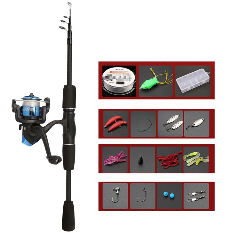 Este kit de pesca incluye un carrete de caña, aparejos, señuelos, ganchos y accesorios para una experiencia de pesca completa