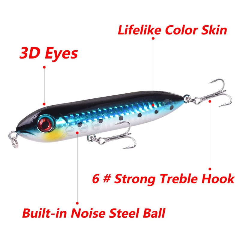 1 pc top water lápiz señuelos de pesca 9cm 12g con anzuelos para curricán wobblers señuelos artificiales de plástico para la pesca de la lubina y el siluro - imagen 4