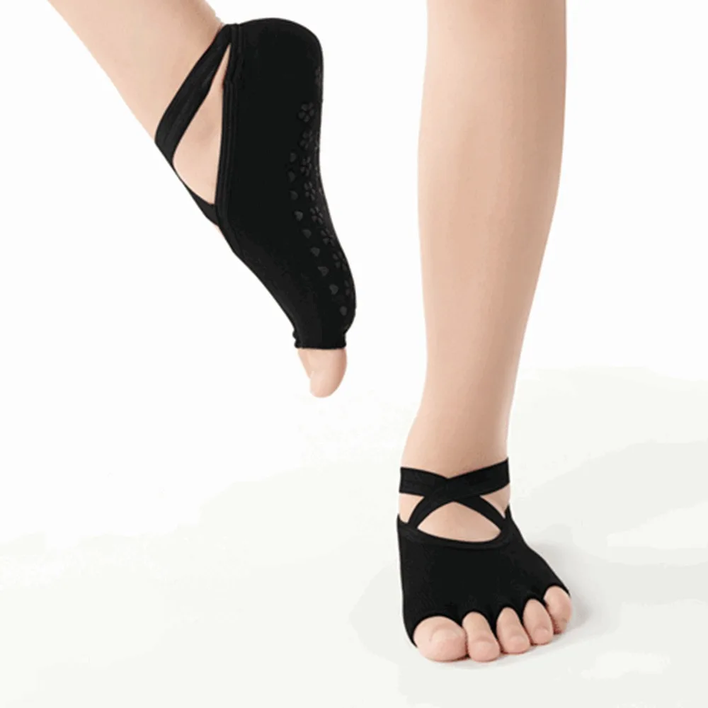 1 par de calcetines antideslizantes de cinco dedos para Yoga, calcetines de Yoga con correa cruzada de cinco dedos completos, medio abiertos, profesionales - imagen 4