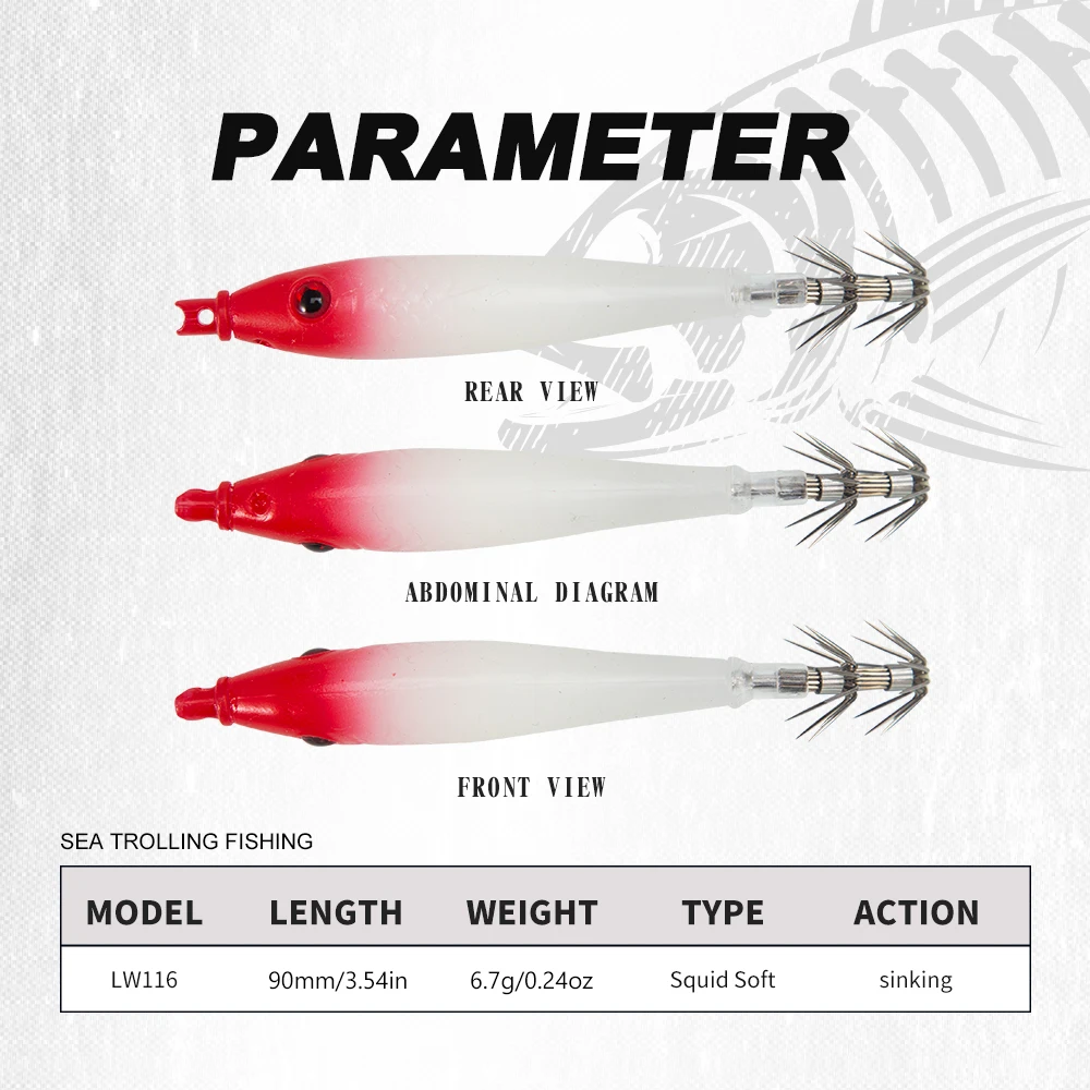 Hunthouse-señuelo de pesca Jigging de calamar suave, 90mm/6,7g, 2 unids/caja, anzuelo Egi, cebo que se hunde, luminoso, pulpo de agua salada, aparejos de sepia - imagen 3