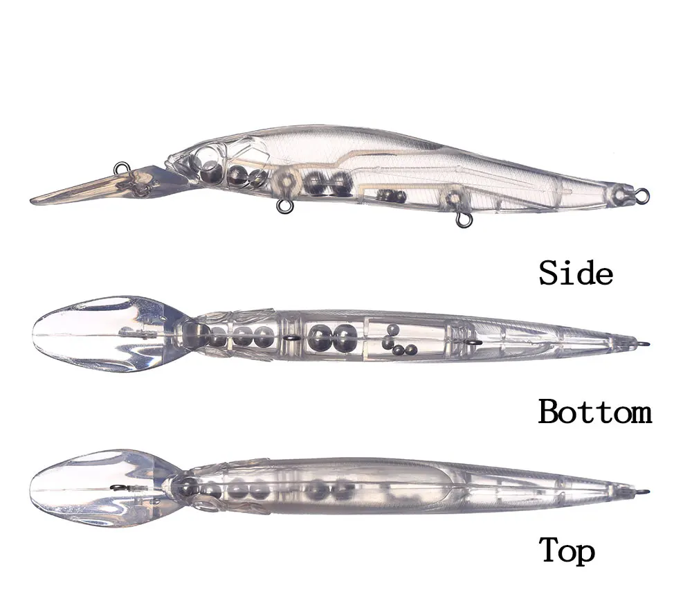 Los componentes internos de un señuelo de pesca que destaca su diseño y estructura desde las perspectivas de la parte superior, lateral e inferior