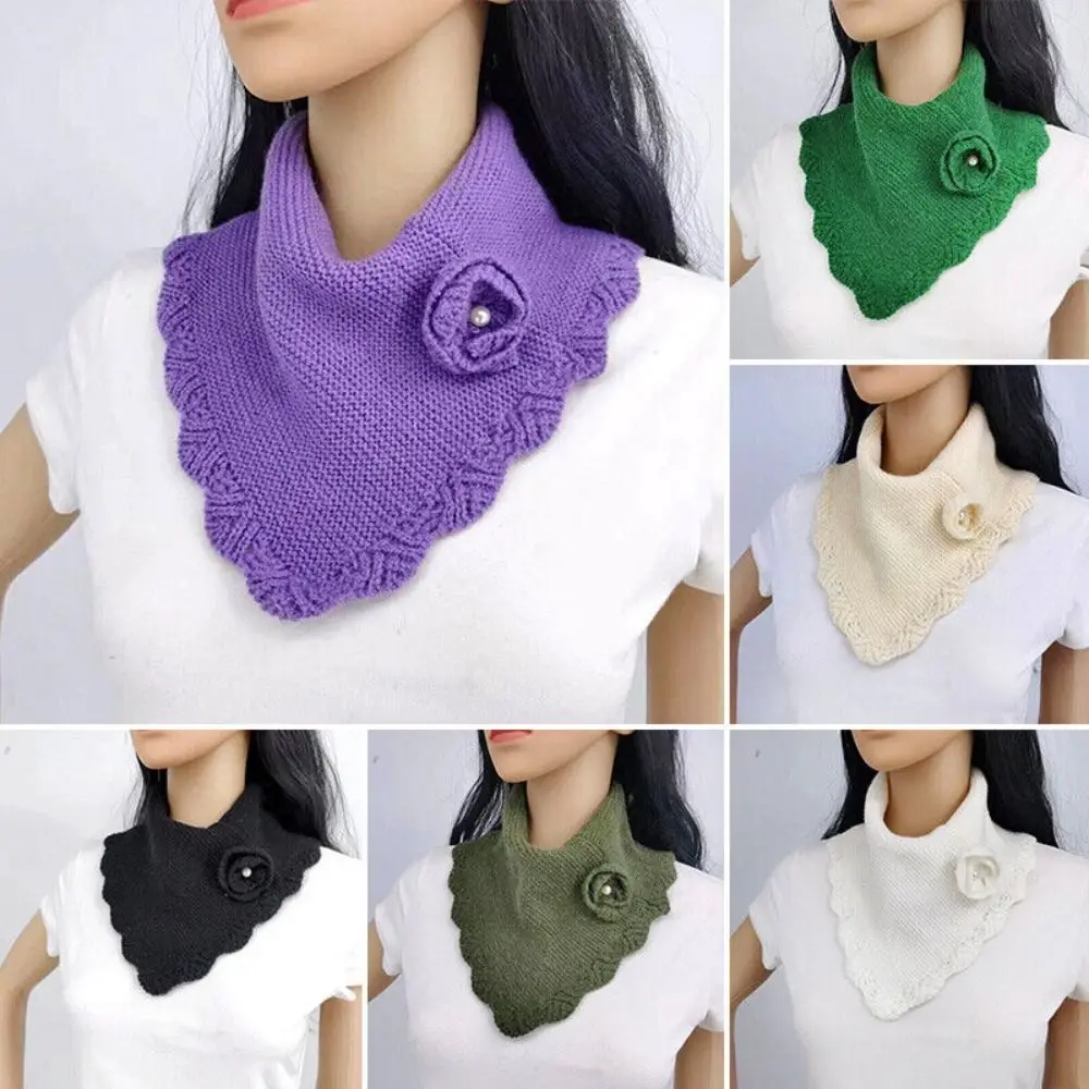 Bufanda triangular de punto con flores de ganchillo para mujer, pañuelo de Color sólido con borde ondulado, cuello falso, calentador de cuello desmontable a prueba de viento - imagen 2