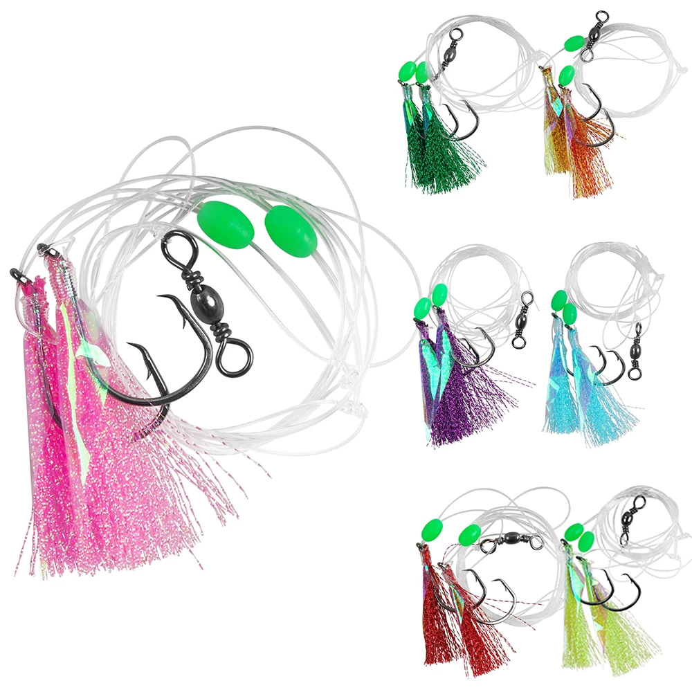 2 paquetes de aparejos de cebo de pesca, aparejos de flotador de agua salada con anzuelos circulares, Mono líder giratorio, cuentas brillantes de piel de pescado para Rockfish, lubina - imagen 2
