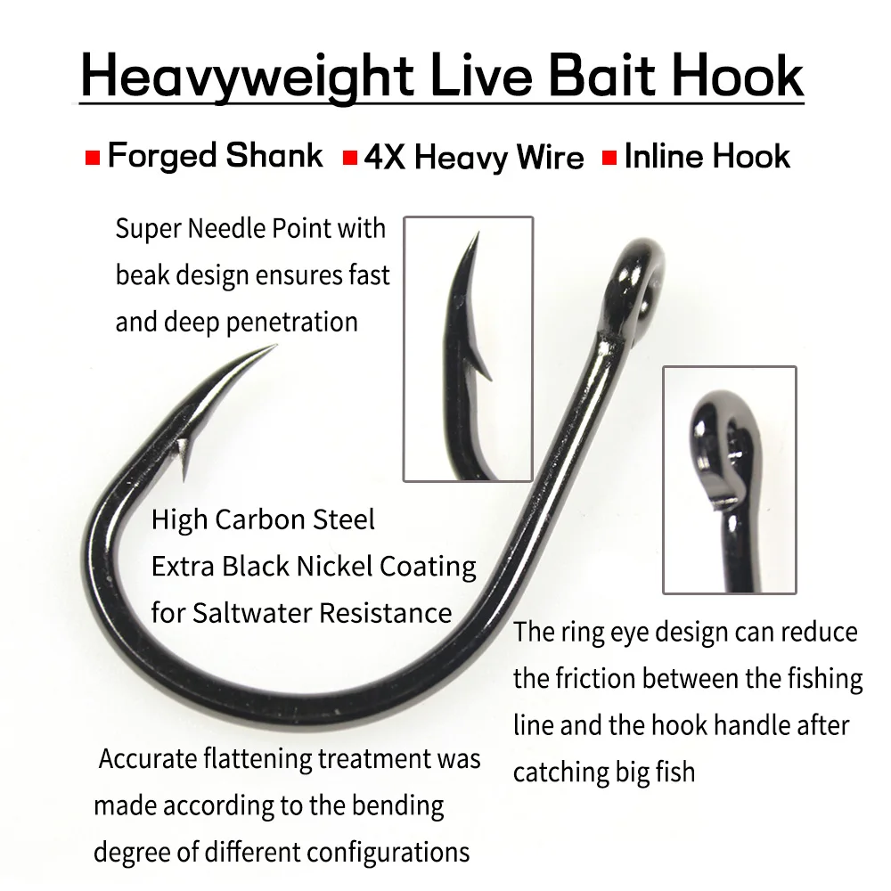 Elllv 4X anzuelo de cebo vivo fuerte 3/0 - 11/0 anzuelo de una sola plantilla de agua salada de alta resistencia para pesca en barco de aguas profundas 10 unids/bolsa - imagen 3