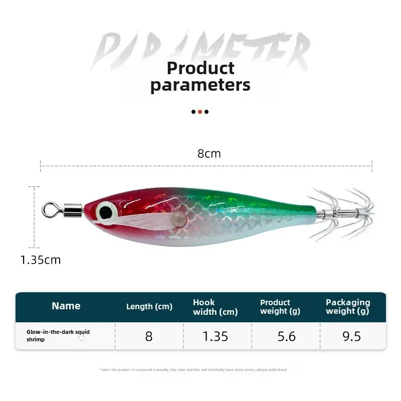 Señuelo de pesca con plantilla de calamar, 1 Uds., 8cm/5,6g, camarones, gambas, luminoso, que brilla en la oscuridad, Spinner Artificial, aparejos para sepia, pulpo - imagen 3
