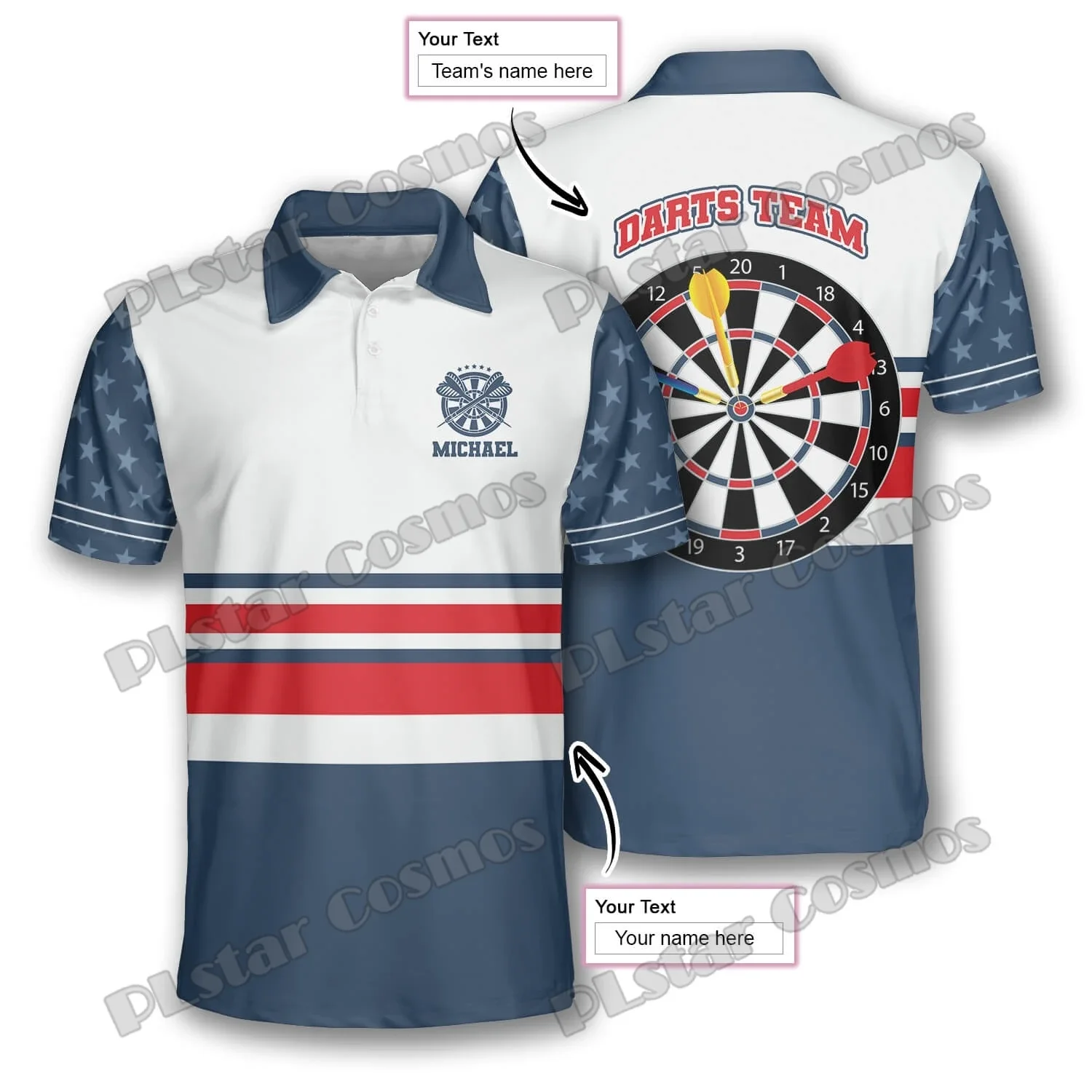 Dardos estilo deportivo blanco azul personalizado 3D impreso moda hombres Polo camisas verano Casual Unisex Premium Polo PLP33 - imagen 4