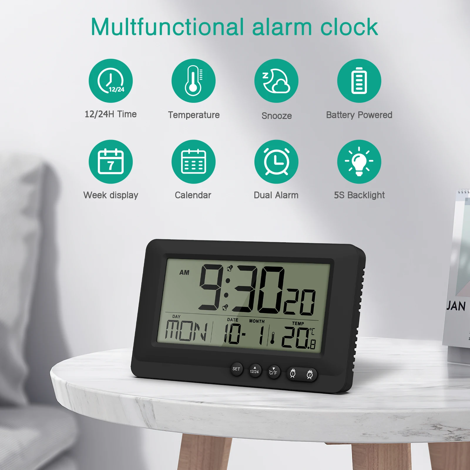 Pantalla LCD que muestra hora, fecha y temperatura