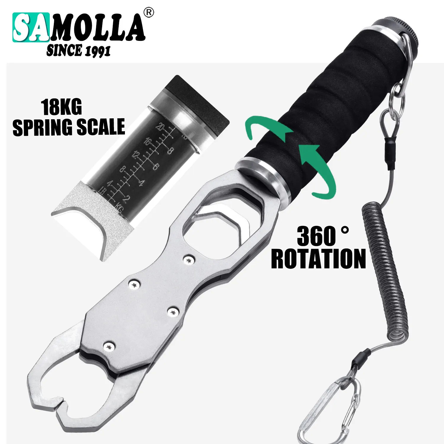 SAMOLLA aleación de aluminio nuevos alicates de agarre de pesca accesorios 18kg báscula de resorte 360 °   Herramienta de agarre ajustable con rotación de agua de mar - imagen 3