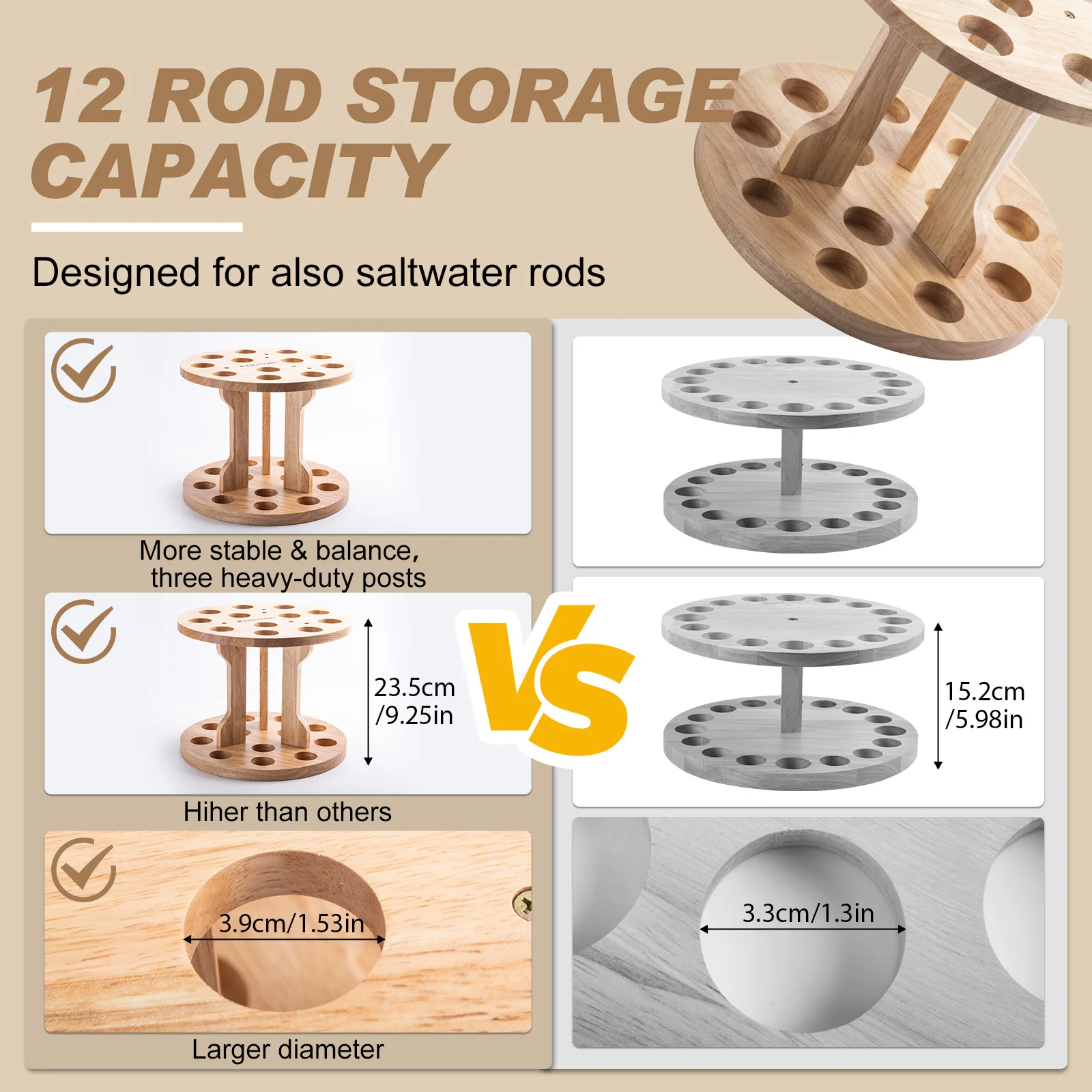 Goture-soporte Vertical para caña de pescar, madera de goma sólida dura, estante redondo para caña de pescar, soporte de suelo de almacenamiento, 12 ranuras - imagen 4