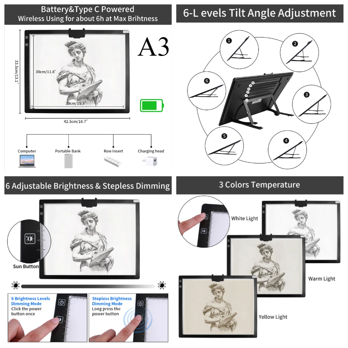 Almohadilla de luz Led regulable de 3 niveles A3/A4, tablero de dibujo, caja de luz de rastreo, protección ocular más fácil para pintura de diamantes, punto de cruz - imagen 2